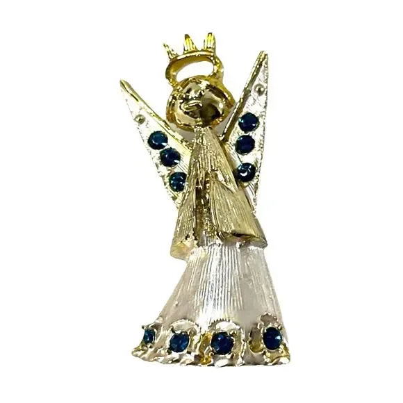 Vintage Gold Tone Angel Brooch Blue Rhinestone Accents 1.75” Holiday Pin - Picture 4 of 7